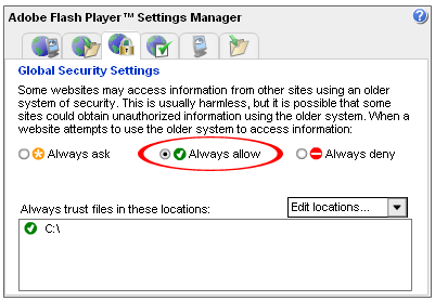 Flash player global security settings